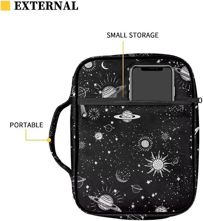Coldinair Planets Bible Cover Case for Kids Teen,Carrying Book Cover Bible Holders with Handle and Zippered Pocket,Fits for Standard/Large Size Bible,Black