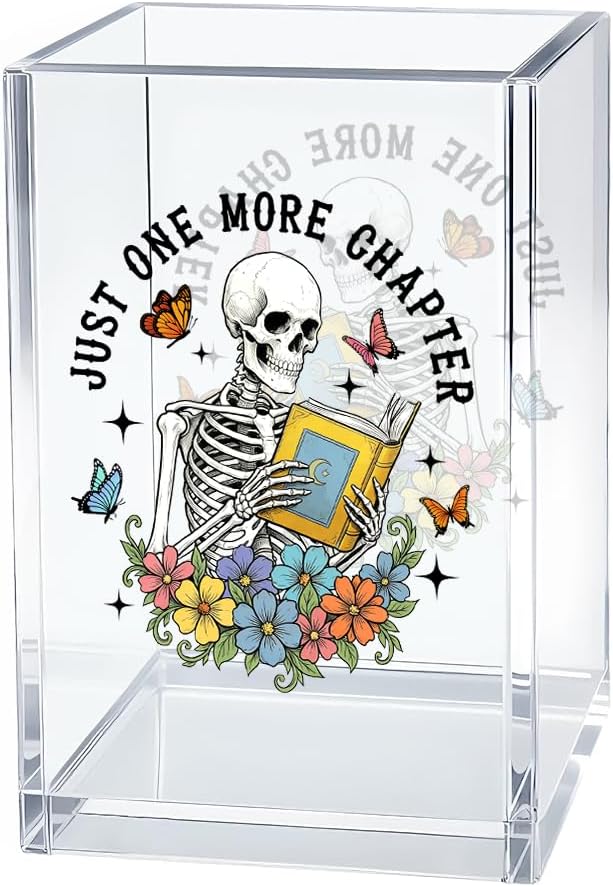 Just One More Chapter Acrylic Pen Holder Cosmetic Organizer, Fun Skeleton Book Pen Pencil Holders for Desk, Reading Nook Accessories for Readers Librarian Bookworm, Bookmark Holder for Bookshelf