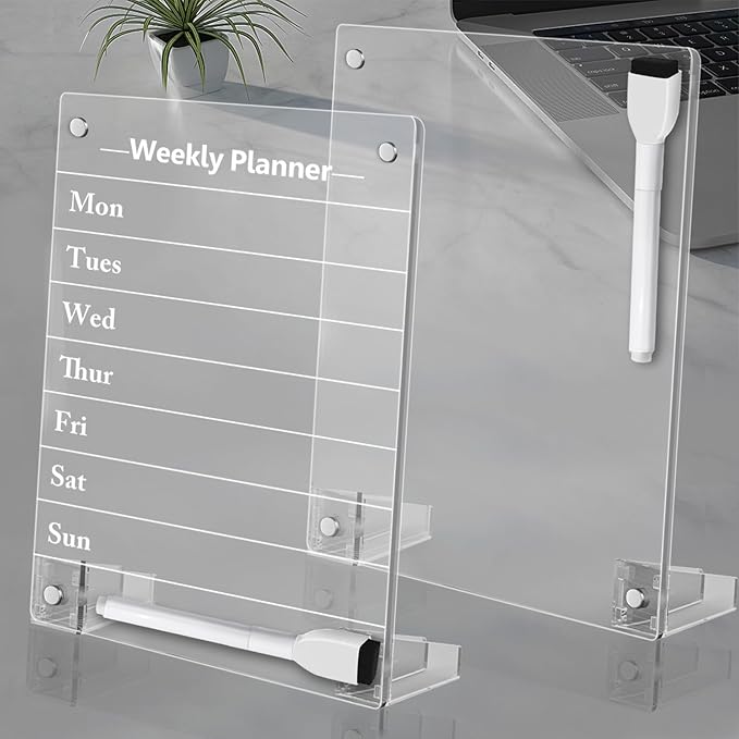 2PCS Clear Acrylic Weekly Dry Erase Board Desktop, 12x8 Small Magnetic Whiteboard with Stand for Desk Calendar Memo Board for Fridge, Office, School, Home