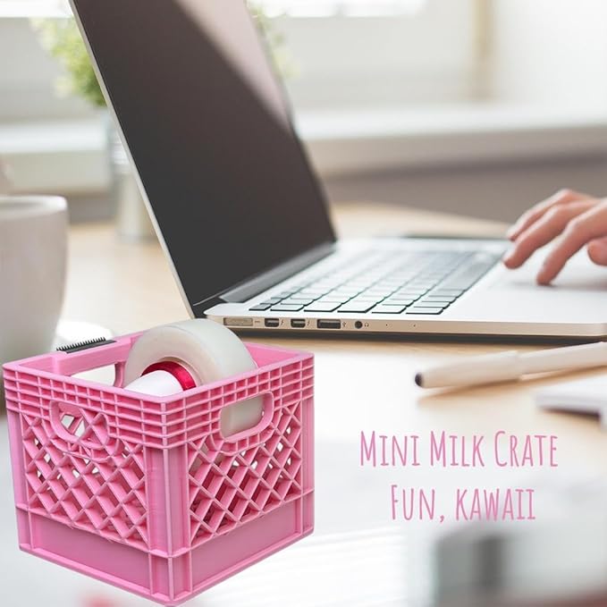 Mini Milk Crate Tape Dispenser - Cute Desk Accessories - Fun Office Supplies- Unique Unusual Desktop Organizer - Useful Novelty Practical Coworker Gag Gifts Vintage Decor Accents (Pink)