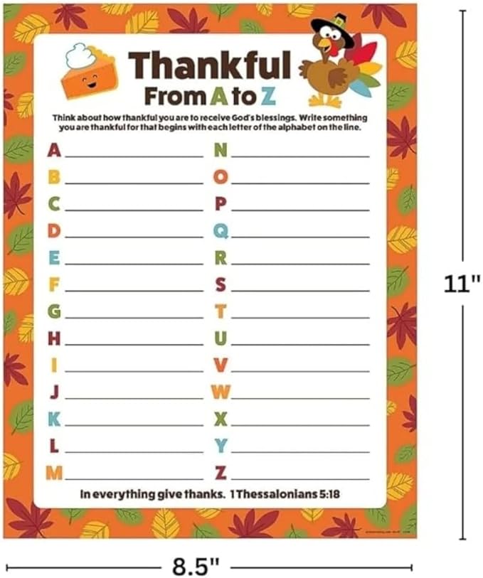 Religious Multicolor "Thankful From A to Z" Paper Activity Sheets - 8.5" x 11" (Pack of 24) - Ideal for Sunday School, Church Events, and Thanksgiving Activities