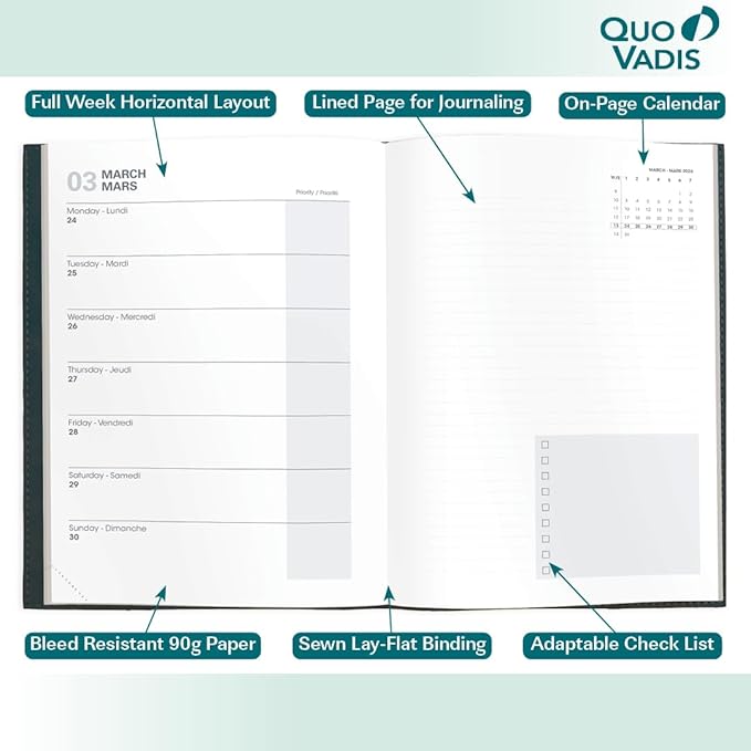 Quo Vadis 2026 Note - Bi-Lingual (EN/FR) - Weekly/Monthly Planner - 16 Months, Sept. 2024 to Dec. 2026 - 6" x 8 1/4" - Smooth Faux Leather Soho Red Cover - A Modern Design for Journaling and Detailed Planning