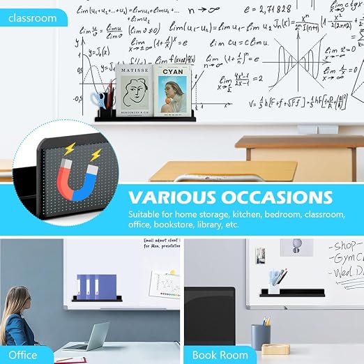 2 Pcs Magnetic Book Shelf for Whiteboard, Magnetic Book Holder File Rack with a Pen Container and Two Hook Acrylic Book Shelves Metal Floating Book Display Shelf for Teacher Kids Room Office