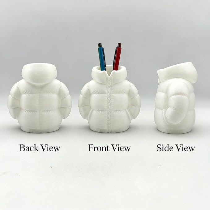 YOKUSHI Down Jacket Pen Holder, 3D Printed Funny Puffer Jacket Pencil Holder, Creative Desk Organizer for Office Supplies, Cute Unique Stationery Holder for Desk, Quirky Gift for Women Men (White)