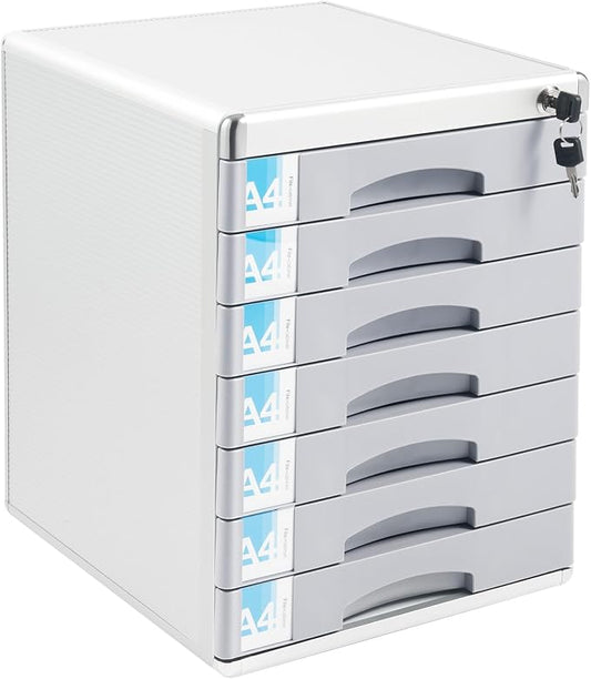 Desk Organizer with 7 Drawers, Documents Organizer with Lock, Office Supplies Desktop Filing Cabinet, A4 File Storage Holder, Stackable Storage Box for Jewelry/Bill/Paper/Documents