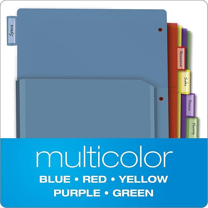 Cardinal Expanding Poly Pocket Dividers - 8 Tab Dividers w/Pockets for 3 Ring Binder - Multi Colors for Filing & Organizing Documents - Perfect for Home, Office, & School Use - 8 Dividers (Pack of 1)