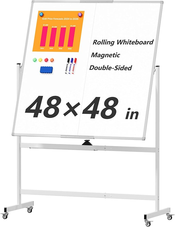 Large Rolling Whiteboard on Wheels, 48" x 48" Double-Sided Mobile White Board with Stand, 4' x 4' Portable Standing Magnetic Dry Erase Board Easel for Home Office Classroom School, Silver