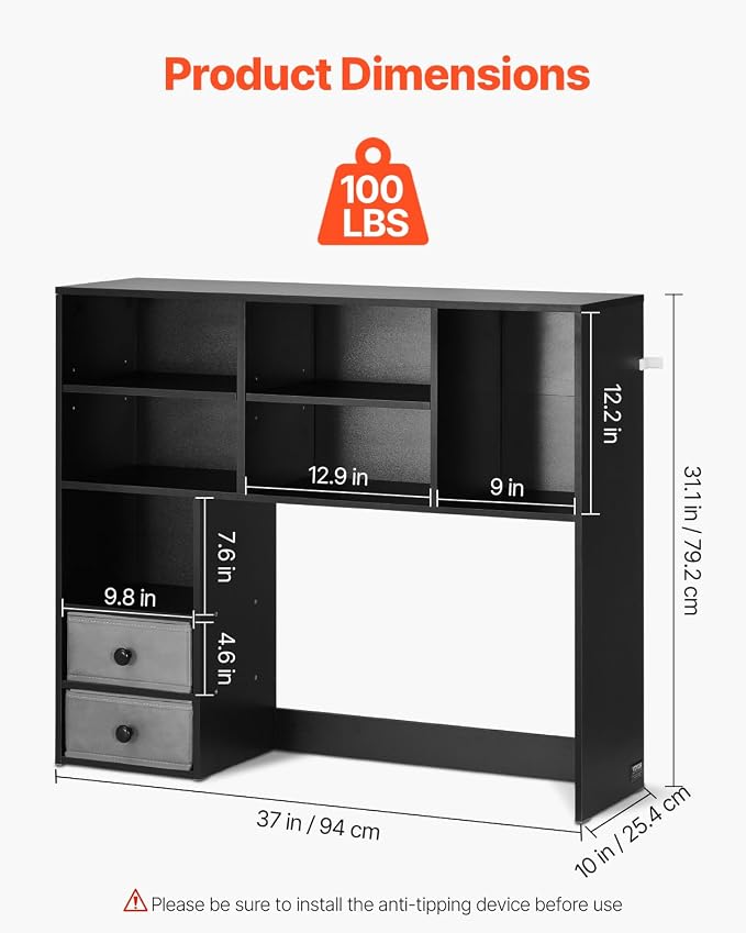 VEVOR 3-Tier Desktop Storage Organizer, 37" x 10" x 31.1" Office Storage Rack Wood Display Shelf, Desktop Bookshelf Hutch with 2 Fabric Drawers, for Office, Home & Dorm, Black