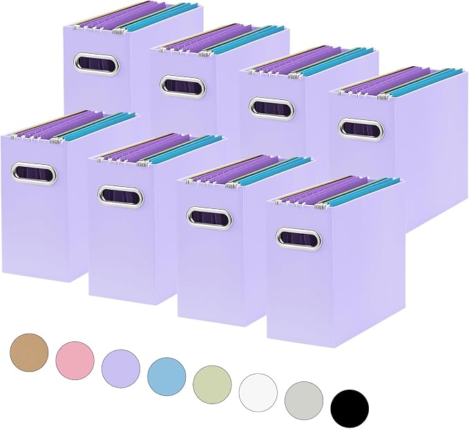 Oterri File Organizer Box, Portable Collapsible Cardboard File Folder Organizer with Handle for Letter Size Hanging Files, Document Storage Box for Home Office & Classroom (8 Packs, Purple)