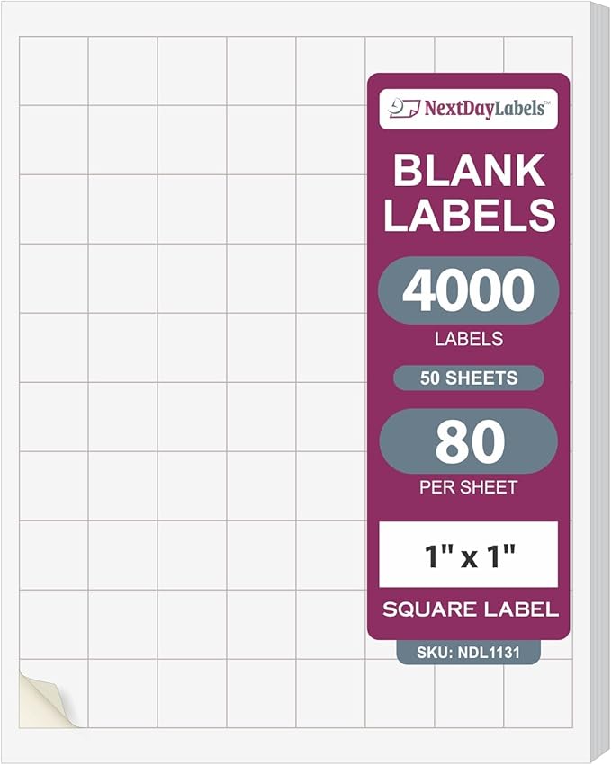 NextDayLabels 1x1 Inch Square Stickers White Blank Labels for Laser Inkjet Printer - 80 Per Sheet Self-Adhesive Color Coding Inventory Barcode Made in USA - 4000 Labels
