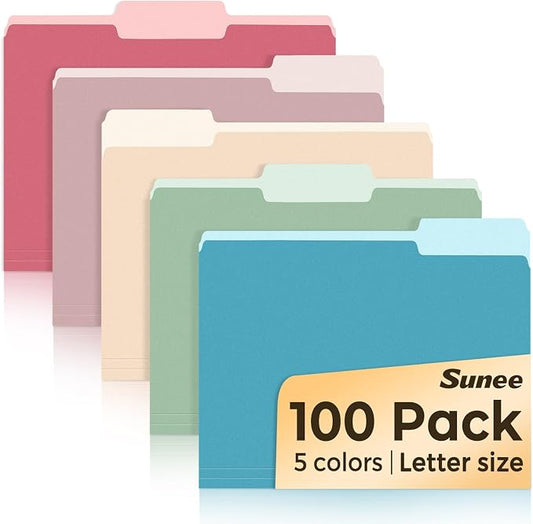SUNEE File Folders Letter Size Retro Colors, 100 Pack Folders for Documents 1/3-Cut Tabs, Colored File Folders Office Home School for Documents Files Paper