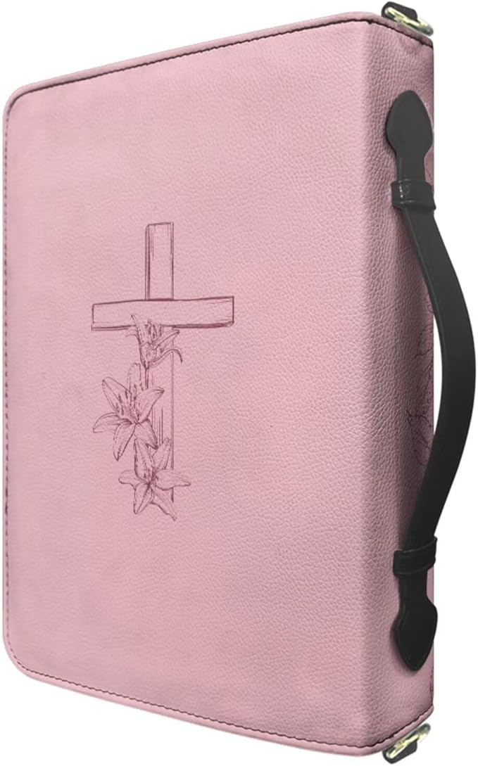 Pink Bible Covers for Girls, Medium Faux Leather Bible Cover Case with Zipper, Handle & Detachable Adjustable Strap – Floral Design with Matthew 19:26 – Christian Gift for Church or Study