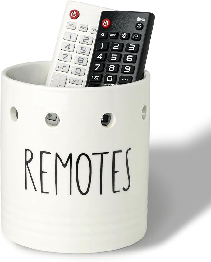 LEETOYI Ceramic Remote Control Holder, 4.9 Inch Remote Caddy Storage, Makeup Brush Holder, Office Supplies, White