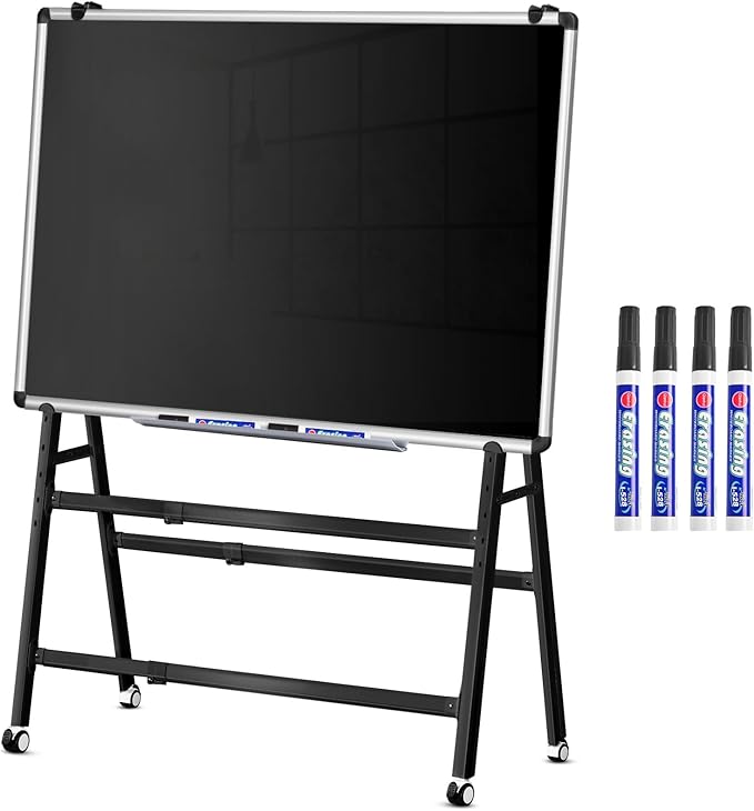 Magnetic Double-Sided Rolling Dry Erase Blackboard with Stand Height & Width Adjustable, A-Frame Foldable Stand Black Board on Wheels, 48 x 36 Mobile Standing Whiteboard(Black)