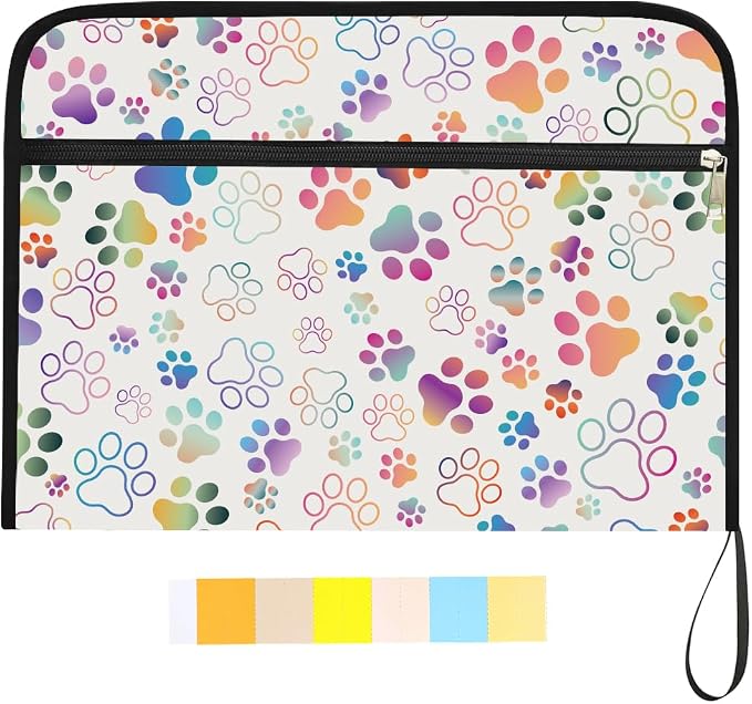 WEBEEDY Colorful Paw Prints Expanding File Folder 13 Pockets Cute Accordion File Organizer with Labels and Zipper, Portable Accordion Folder Paperwork Organiser for A4 Paper Document Photo Receipt