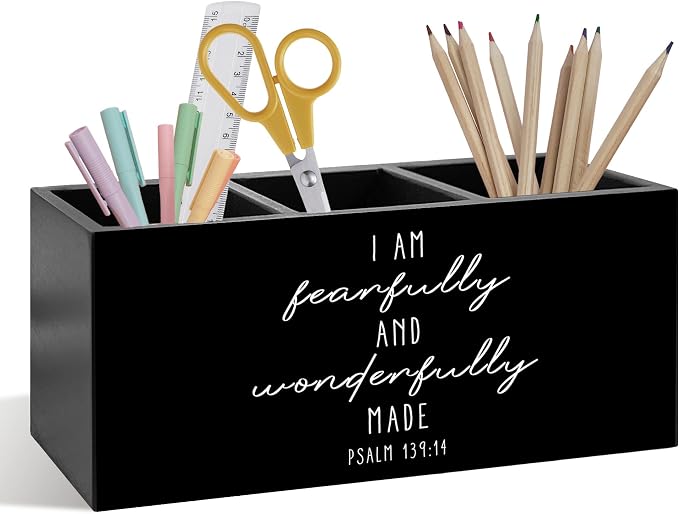 Affirmation Christian Pen Pencil Holder, Christian Desk Accessories, I Am Fearfully And Wonderfully Made Bible Verse Wooden Pen Pencil Organizer for Office Home Bedroom Desk Decor