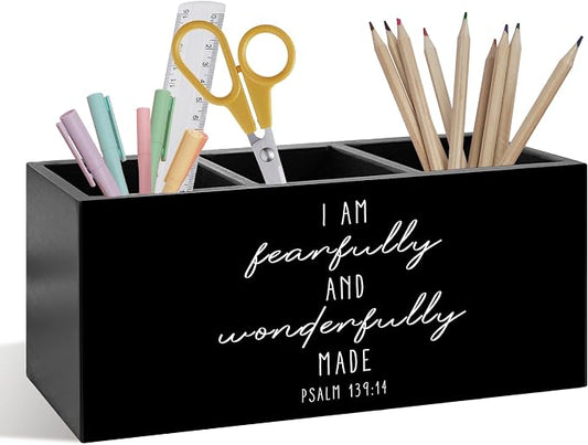 Affirmation Christian Pen Pencil Holder, Christian Desk Accessories, I Am Fearfully And Wonderfully Made Bible Verse Wooden Pen Pencil Organizer for Office Home Bedroom Desk Decor