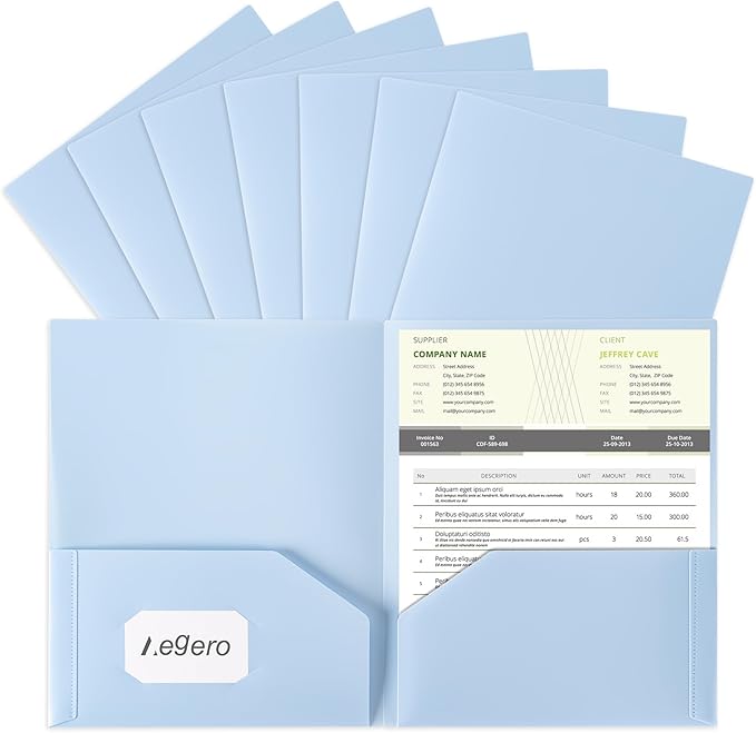 Aegero Plastic Folders with Pockets (7 Pack, Light Blue), Durable Heavy Duty File Folders with Business Card Slot, 2-Pocket Folder for Schoolwork & Office,Letter Size