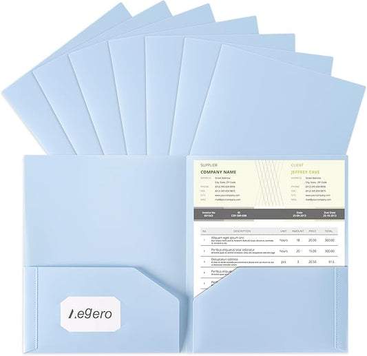 Aegero Plastic Folders with Pockets (7 Pack, Light Blue), Durable Heavy Duty File Folders with Business Card Slot, 2-Pocket Folder for Schoolwork & Office,Letter Size