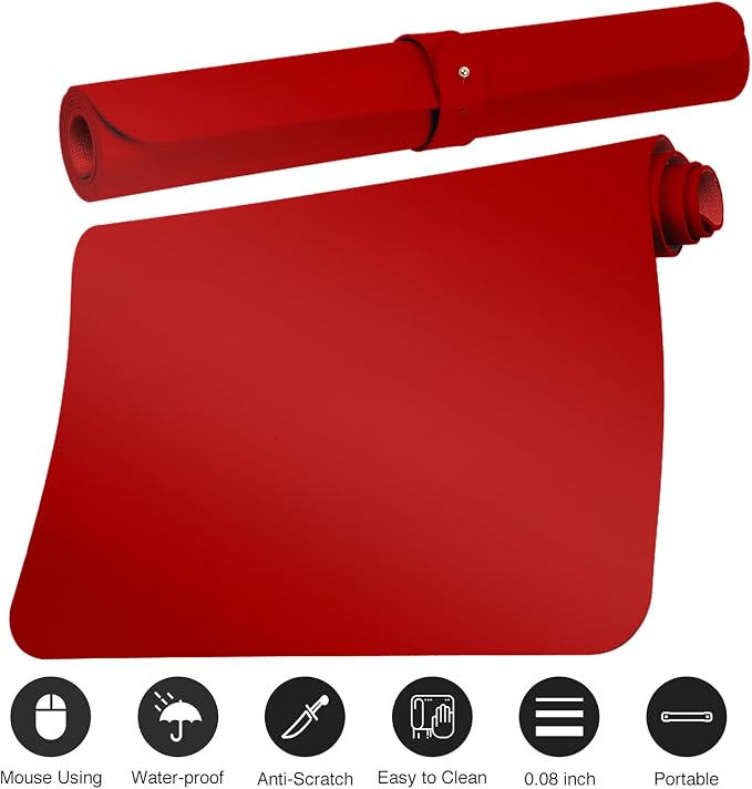 Boutilon Leather Desk Pad Protector,Non-Slip Mouse Pad,Laptop Desk Pad,Office Mouse Mat,Waterproof Leather Desk Blotter,Desk Writing Pad for Office and Home (L-Red,35"x 17")
