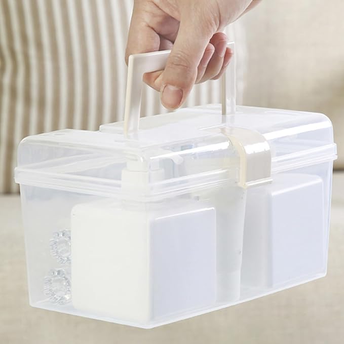 plplaaoo Transparent Storage Box Large Capacity Handheld Desktop Organizer Portable Multifunctional Storage Container with Handle for Home Office (S)