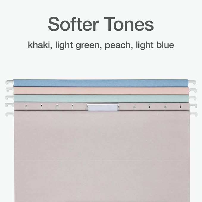 Pendaflex Hanging File Folders, 25 Pack, Letter Size (8.5" x 11"), Assorted Colors: Khaki, Peach, Light Blue, Light Green, 5 Tab Positions, Reinforced, Includes Tabs and Inserts, Durable Hanging Files