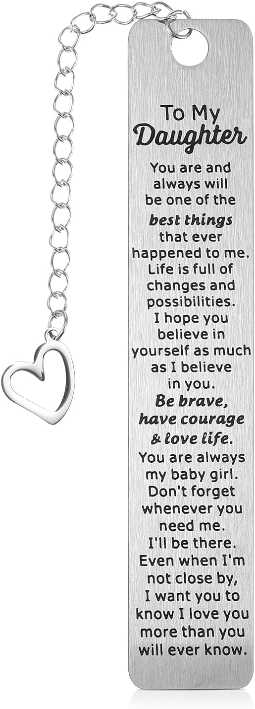 Inspirational Daughter Birthday Gift Bookmark Book Lovers Girl Gifts Bookmarks Metal Book Marker with Heart Shaped Chain Bookmark for Kids Teen Girls Stepdaughter, Birthday Graduation