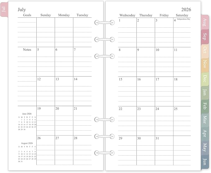 2026-2027 Monthly Planner Refill for A6 6-Ring Binders, 3.8"x6.8" Small Size Planner Inserts, Jul. 2026 - Dec. 2027, 18 Monthly Calendars with Colorful Laminated Tabs, 6-Hole Punched