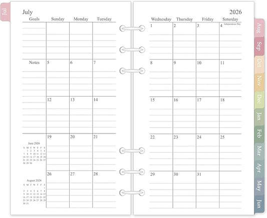 2026-2027 Monthly Planner Refill for A6 6-Ring Binders, 3.8"x6.8" Small Size Planner Inserts, Jul. 2026 - Dec. 2027, 18 Monthly Calendars with Colorful Laminated Tabs, 6-Hole Punched