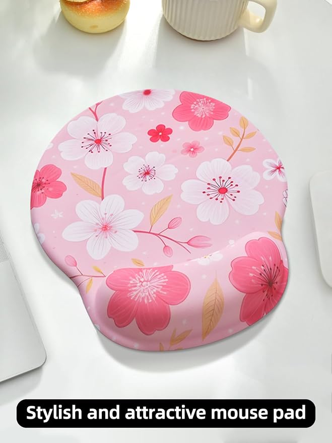 Lily Floral Mouse Pad Wrist Support Wrist Rest, Flower Ergonomic Mouse Pad with Non-Slip Base for Office Gaming Working Computers,Desk Accessories Pain Relief Mouse Mat, Pink Cherry Blossom