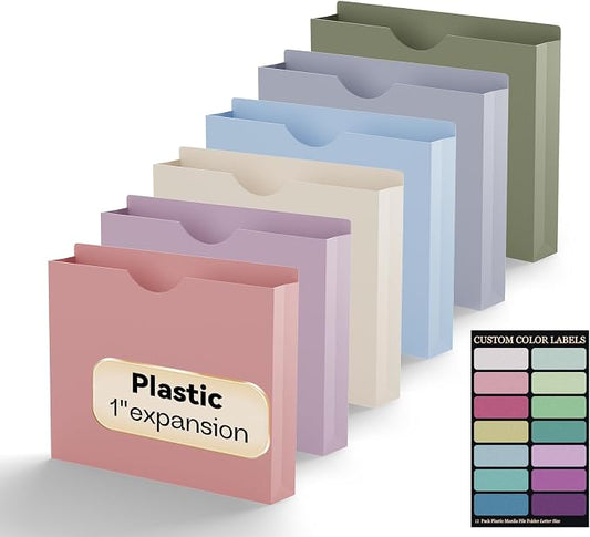 Plastic 1 Inch File Jackets Letter Size, Expanding File Folde for Documents,Upgrade Color,12 Pack Manilla Pocket Folders,Heavy Duty Expansion Pocket Files with Straight Cut Tabs,Morandi Color