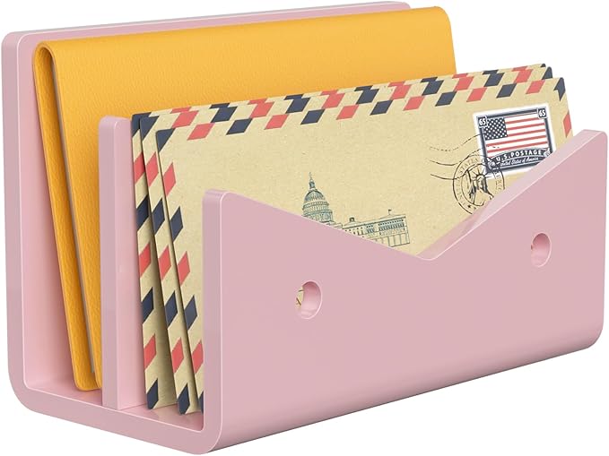 Mail Organizer Envelope Holder - 2 Compartments Pink Acrylic Mail Holder Countertop Vertical Desk Organizer Small File Bill Document Notebook Letter Sorter for Home School Office Supplies