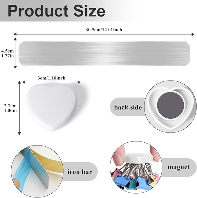 Magnetic Boards for Walls 6 Pcs - Frameless Stainless Iron Magnetic Strips with Adhesive Backing, Magnet Bulletin Board with 10Pcs White Magnets,Memo Board Display Board for Office Home School