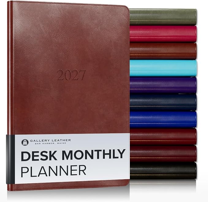 Gallery Leather Desk Monthly Planner 2027, Elegantly Bound Calendar Planner and Notebook with Stylish Gold-Gilded Page Edges, 18 Months - Acadia Tan - 8x5.5"