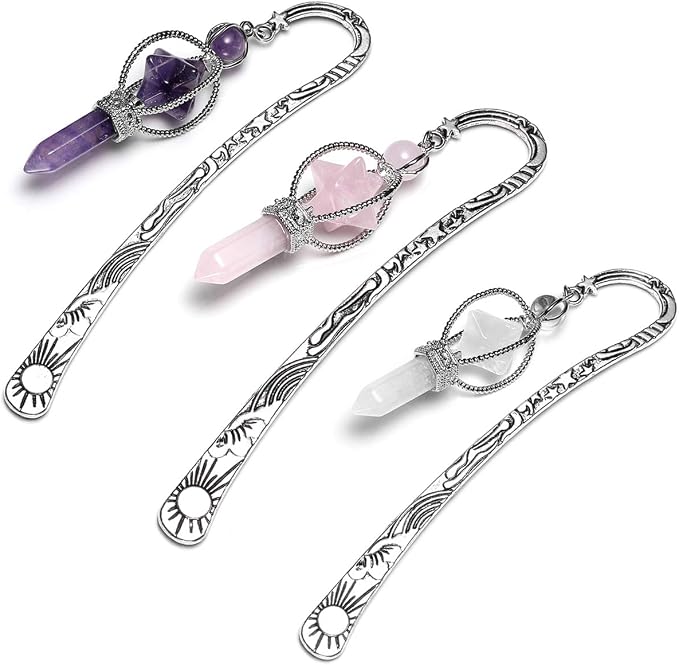 Jovivi 3pcs Anqitue Silver Metal Bookmark for Women Beading Bookmarks with Crystal Quartz Merkaba Hexagonal Pointed Bead
