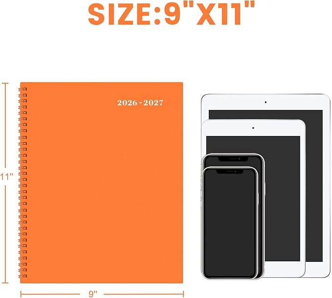 Monthly Planner 2026-2027 - JUL 2026 - DEC 2027, Monthly Calendar 2026-2027, 18 Month Planners with Tabs & Pocket & Label, Contacts and Passwords, 9" x 11", Thick Paper, Twin-Wire Binding - Orange