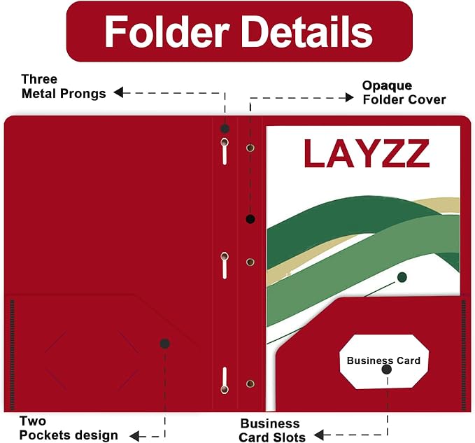 Two Pocket Folders with Prongs, LAYZZ 60 Pack Poly Plastic Folders, Heavy Duty Plastic Folders with Pockets and Prongs, Letter Size, for Offices and Schools (Red)