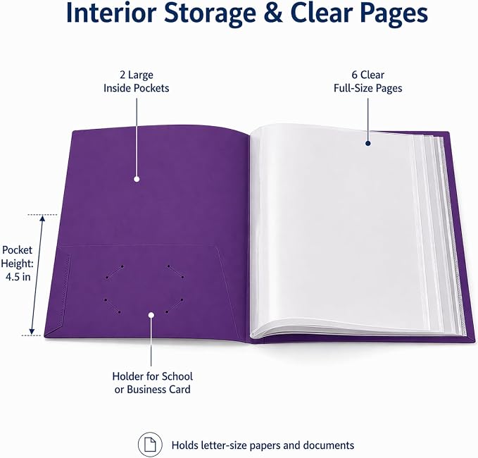 Ultra PRO - 50 Pack Purple Heavy Duty 2-Pocket Folders with 6 Clear Internal Pages, Waterproof Poly Project Organizer for School and Office, Fits 8.5 x 11 Letter Size, Customizable Clear Covers