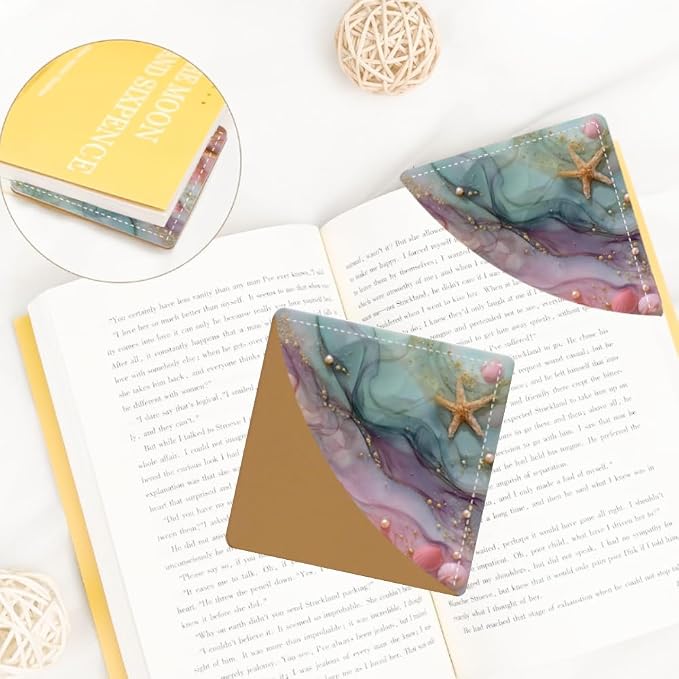 2PCS PU Leather Bookmarks 3.5x3.5 Inch Starfish Pearl Ocean Design | PU leather bookmarks for books with starfish pearl design for beach reads, travel diaries, planners and coastal style fans
