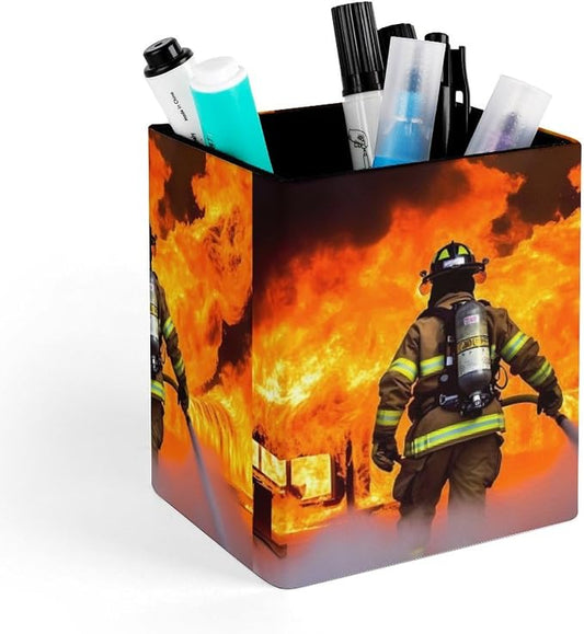 Firefighter Fireman Flame Pencil Holder Waterproof PU Pen Cup Holders Women Makeup Brush Holder Desktop Pen Organizer for Office Desk Accessories