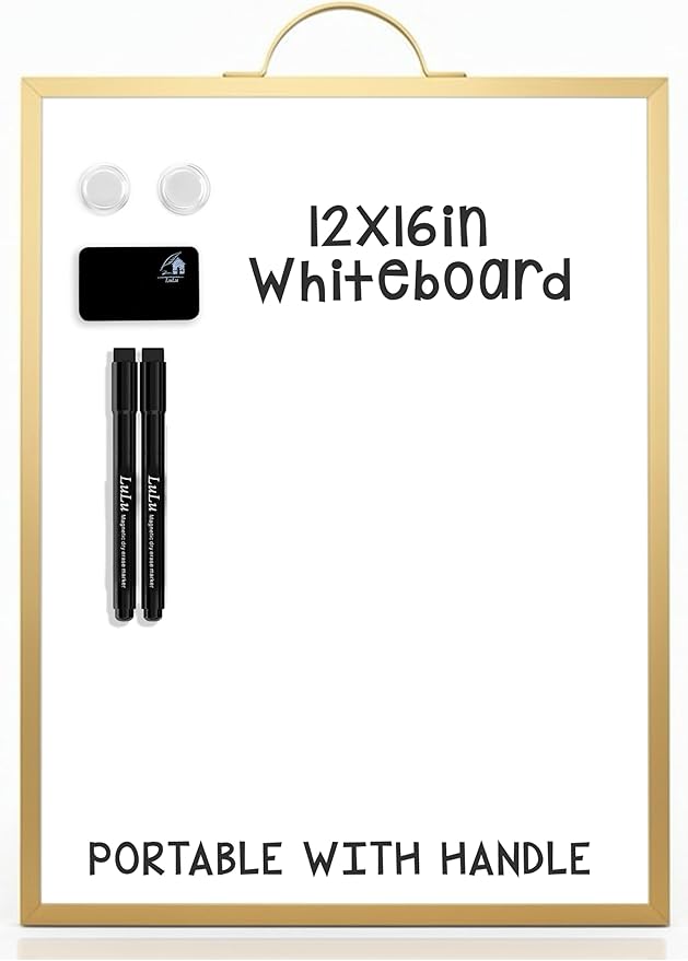 Magnetic Dry Erase Whiteboard, 12 x 16 in, 2-Sided Small Portable Whiteboard with Handle for Desk Or Wall, Gold Frame, Includes Markers, Eraser and Magnets