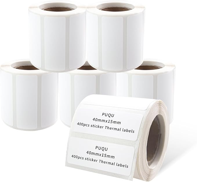 PUQU 40x15mm Direct Thermal Sticker Labels, Self-Adhesive All-Purpose Label Maker Tape, Compatible with AQ Series Label Printer, Refills Standard Laminated Office Labeling, 6 Rolls, 2400 Labels