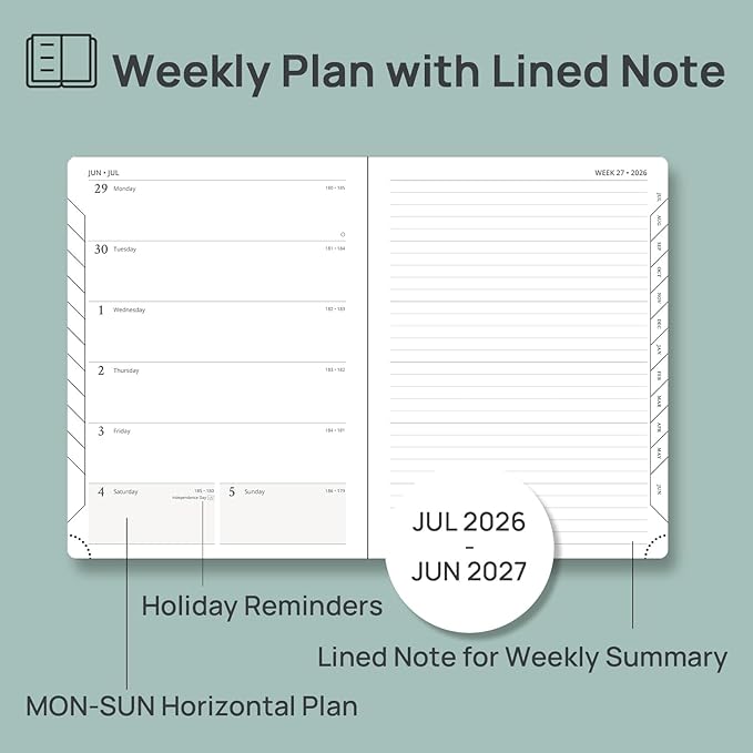 POPRUN Weekly Planner 2026-2027 (Medium 6.5''x 8.5'') Academic Calendar (JUL.26 - JUN.27) Appointment Book with Monthly Tabs, Leather Soft Cover, Inner Pocket, 100 GSM - Navy Blue