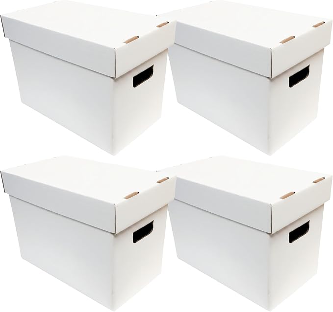 Max Protection Storage Boxes with Lids for Magazine, File, and Document Organization - Heavy Duty 200 lb Test Cardboard Boxes - Made in USA Corrugated Paper, 4 Pack