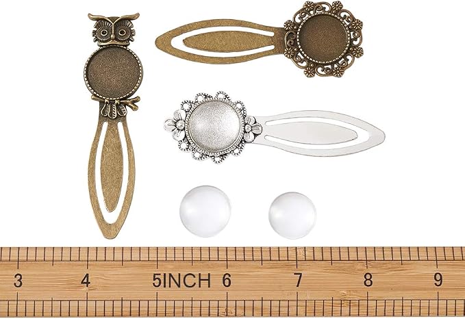 FASHEWELRY 24 Pcs 6 Styles Mixed Colors Bookmark Tray Pendant Kit Include 12Pcs Round Blank Bezel Base Setting Charms with 12Pcs Clear Glass Dome Tiles Cabochons (18mm, 20mm)