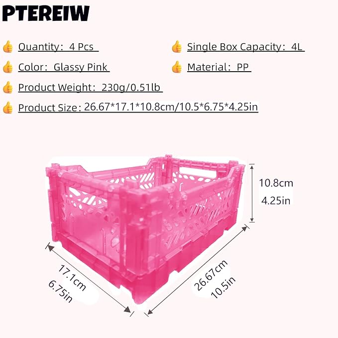 Mid Size Pastel Plastic Storage Crates and Baskets, Collapsible Crates for Organizing, 4L SpaceSaving Bins for Classroom, Kitchen, Office, Bedroom,Desk Organizer. (Pink)