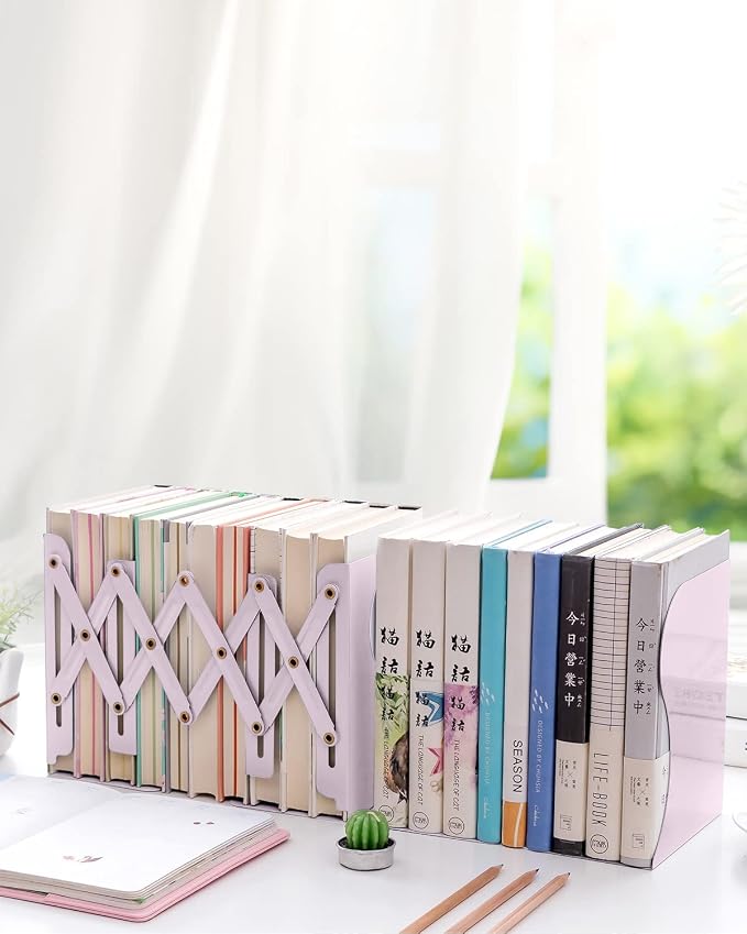MSDADA Adjustable Bookends, Book Ends for Heavy Books, Expandable Book Organizer for Desk, Shelf, Office, School, for 6 7 8 9 10 11-15 Boys and Girls, Extends up to 19 inches (Macaron Pink)