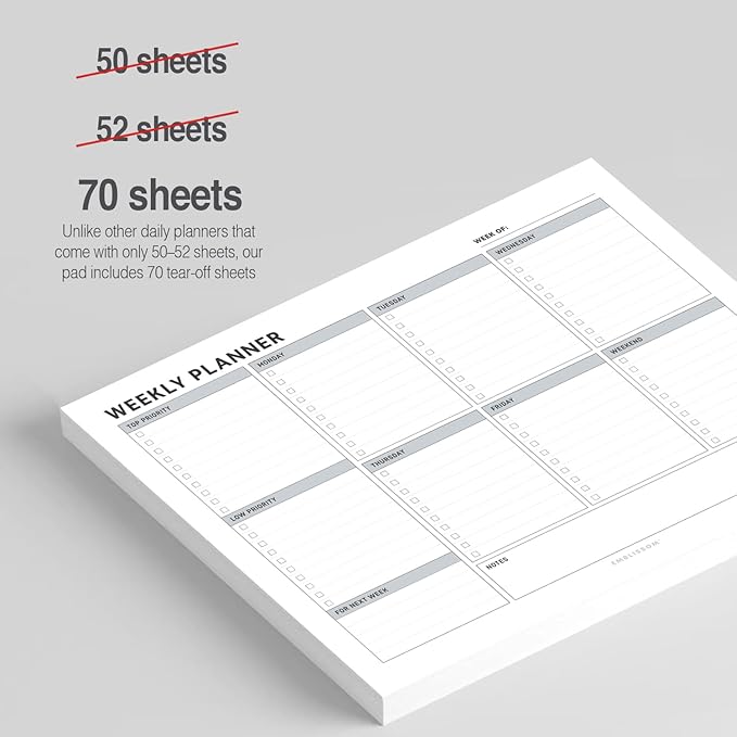 Weekly Planner Notepad, 8.5 x 11" Tear-Off Pad – 70 Undated Sheets, Daily Schedule Deck Organizer with Priorities, To Do List & Checklist for School, Work, Home (White, Checkbox, 2 Pack)