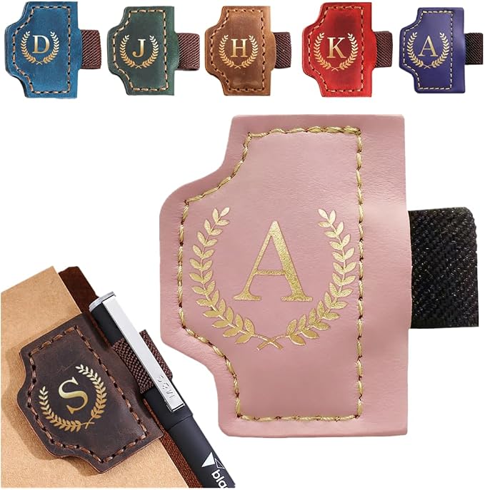 Personalized Mark Bookmark with Pen Holder, Leather Magnetic Book Marker 26 Letters,Custom Initials Page Marks, Gifts for Book Lovers Readers Men Women (Pink, A)