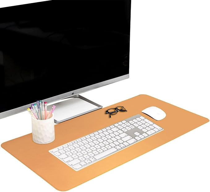 FTC PU Leather Desk Pad & Desk Blotter, Non-Slip Flannelette Base, Stitched Desk Mat for Keyboard, Mouse & Writing, Home or Office (Camel, 31.5” x 15.75”)